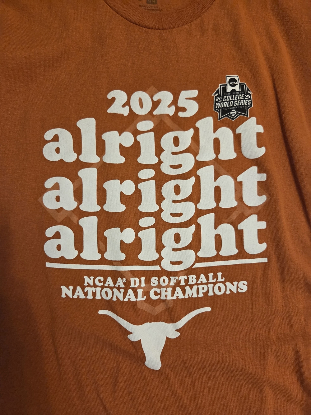 NNT Texas Longhorns 2025 'Alright' Orange NCAA Softball Champions T-Shirt, M